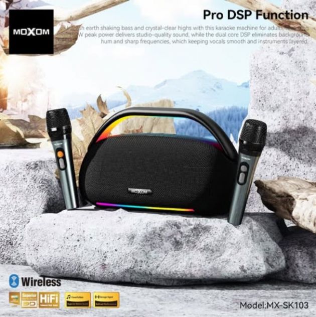Ασύρματο Ηχείο Karaoke Moxom 400W – Με 2 Μικρόφωνα & RGB Φωτισμό - Bluetooth 5.3, Μπαταρία 30000mAh, HiFi Sound, Φορητό