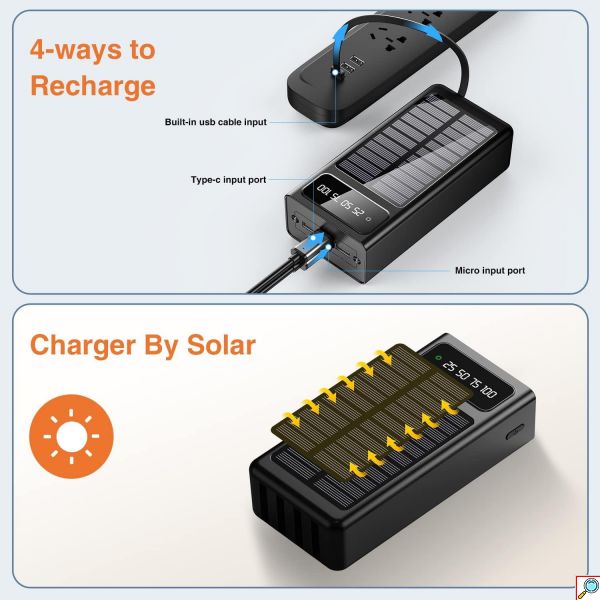 Ηλιακό PowerBank KLGO - Φορητή Μπαταρία Φορτιστής 10000 mAh Ηλιακό Πάνελ & LED Φωτισμός- Solar Power Bank Μαύρο