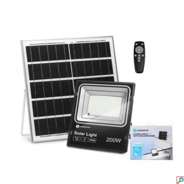 AIGOSTAR Ηλιακός Προβολέας LED 200W, Ψυχρό Λευκό Φως 6500K, Αδιάβροχος IP66 με Φωτοβολταϊκό Πάνελ και Τηλεχειριστήριο 