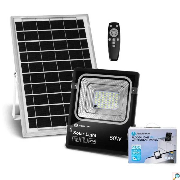 AIGOSTAR Ηλιακός Προβολέας LED 50W, Ψυχρό Λευκό Φως 6500K, Αδιάβροχος IP66 με Φωτοβολταϊκό Πάνελ και Τηλεχειριστήριο