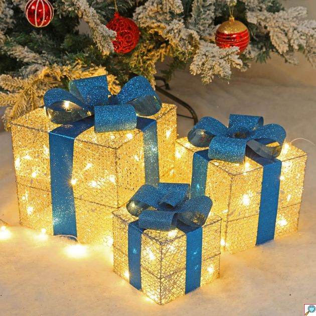 Χριστουγεννιάτικα Διακοσμητικά Δώρα LED - Σετ 3 Τεμαχίων με Μπλε Κορδέλα & Θερμό Λευκό Φωτισμό