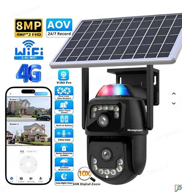 Ηλιακή Κάμερα Ασφαλείας 4G με Διπλό Φακό 8MP & AI Ανίχνευση Κίνησης - Νυχτερινή Όραση, Έλεγχος από Smartphone