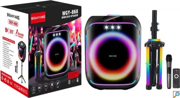 Ηχείο Karaoke - 60W Bluetooth Partybox με πολύχρωμο φωτισμό, 8″, βάση & ασύρματο μικρόφωνο
