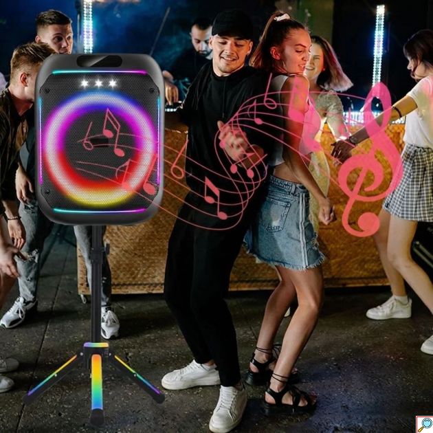 Ηχείο Karaoke - 60W Bluetooth Partybox με πολύχρωμο φωτισμό, 8″, βάση & ασύρματο μικρόφωνο