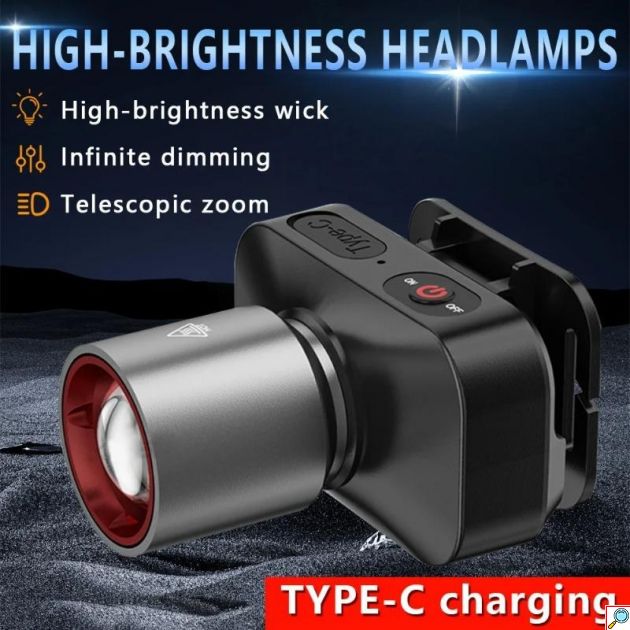 Φακός Κεφαλής - Επαναφορτιζόμενος LED USB-C με Zoom & 3 Λειτουργίες