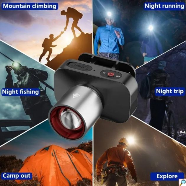 Φακός Κεφαλής - Επαναφορτιζόμενος LED USB-C με Zoom & 3 Λειτουργίες