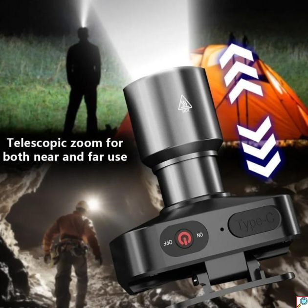Φακός Κεφαλής - Επαναφορτιζόμενος LED USB-C με Zoom & 3 Λειτουργίες