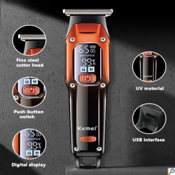 Kemei Eπαναφορτιζόμενη USB Κουρευτική - Ξυριστική Μηχανή 2 Ταχυτήτων με LCD Οθόνη, 3 Κεφαλές & Βουρτσάκι Καθαρισμού