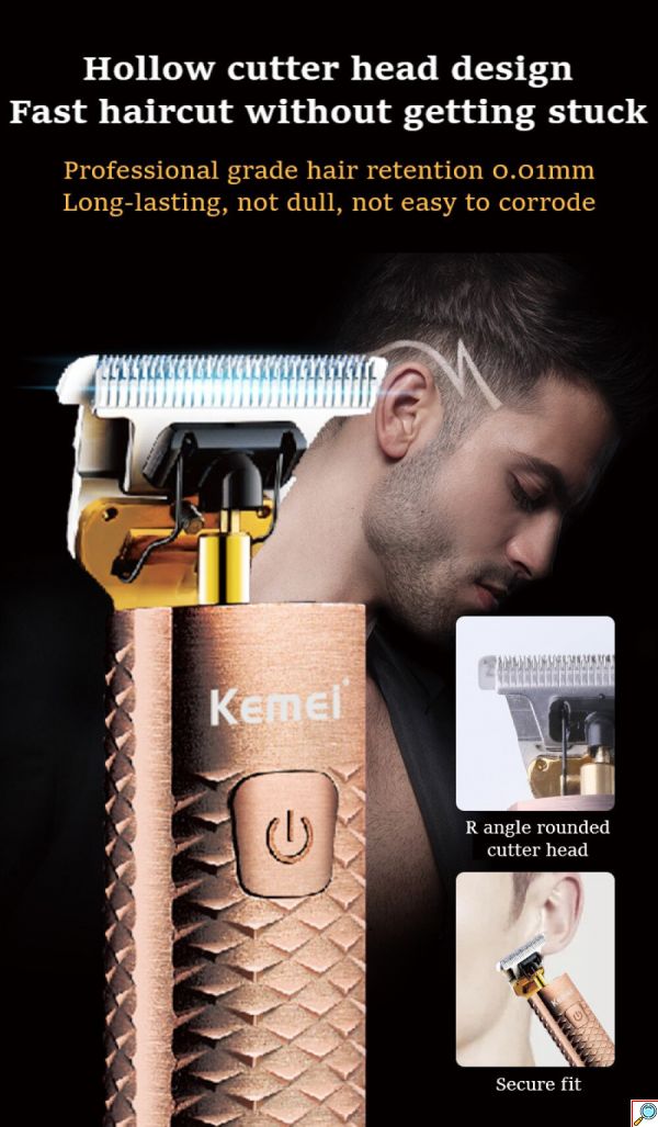 Kemei Επαγγελματική Επαναφορτιζόμενη Κουρευτική Μηχανή 6W Μεταλλική Ρυθμιζόμενου Μήκους Κοπής με LCD Οθόνη & Ένδειξη Μπαταρίας - Ροζ Χρυσή
