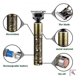 Kemei® Επαγγελματική Κουρευτική Μηχανή 5W Επαναφορτιζόμενη Ρυθμιζόμενου Μήκους Κοπής & με Λεπίδες Carbon - Χρυσή με Ανάγλυφο Δράκο