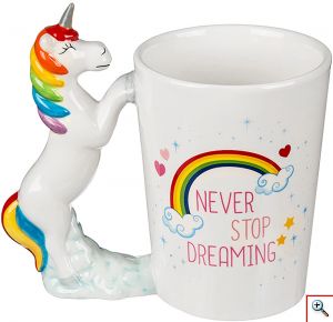 Κεραμική Κούπα 370 ml Μονόκερος, Inspirational Quote Never Stop Dreaming, Λευκή Κούπα Καφέ / Τσάι, OEM