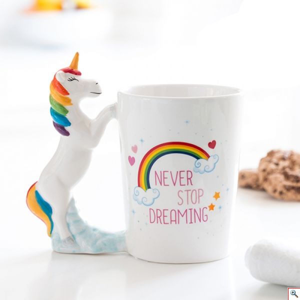 Κεραμική Κούπα 370 ml Μονόκερος, Inspirational Quote Never Stop Dreaming, Λευκή Κούπα Καφέ / Τσάι, OEM