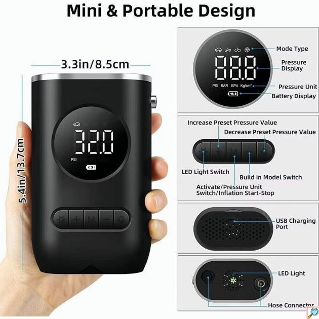 Φορητό Κομπρεσέρ Αυτοκινήτου – 150 PSI, LCD οθόνη, Επαναφορτιζόμενο & Αυτόματο στοπ