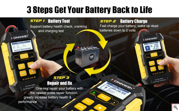 Konnwei® Φορητό Ψηφιακό Διαγνωστικό Ελεγκτής - Φορτιστής & Επισκευαστής Μπαταριών Αυτοκινήτου 3 σε 1 Αυτόματο με Κροκοδειλάκια 12V - Battery Tester