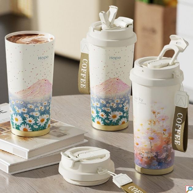 Θερμική Κούπα Ταξιδιού 500ml – Κομψό Λουλουδάτο Σχέδιο