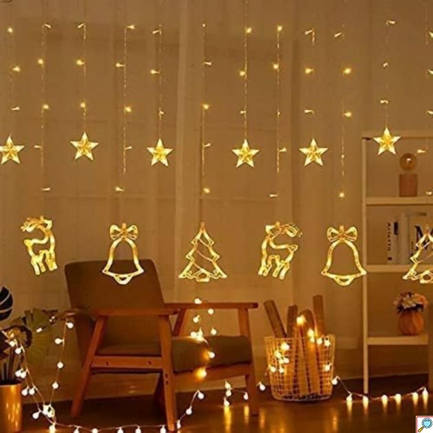 Χριστουγεννιάτικη Κουρτίνα LED 2,5m – Θερμό Λευκό Φως με Σχέδια - Φωτάκια για Τοίχο, Παράθυρο, Εσωτερική Διακόσμηση