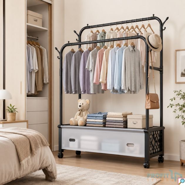 Κρεμάστρα Ρούχων Διπλή με Ρόδες 125x35x155cm – Μεταλλική με Ράφι - Εύκολη Μετακίνηση, Πλαϊνά Άγκιστρα & Αποθηκευτικός Χώρος