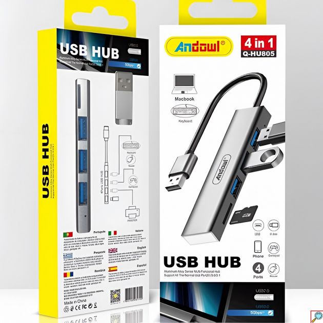 USB Hub 4 σε 1 Andowl – 3 Θύρες USB & Card Reader - Υψηλές Ταχύτητες USB 3.0, Μεταφορά Δεδομένων & Σύνδεση Περιφερειακών για PC/Laptop