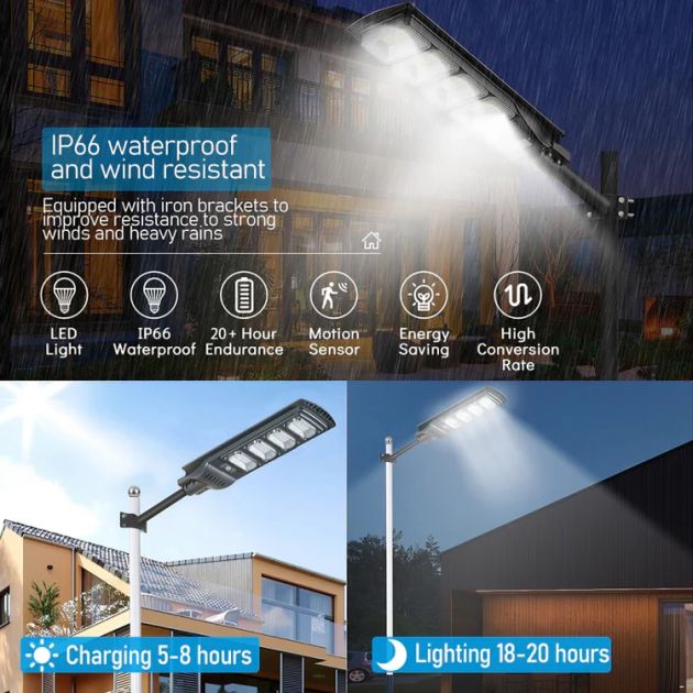 Led Αδιάβροχο Ηλιακό Φωτιστικό Δρόμου - 250W 19200LM - Με Ανιχνευτή Κίνησης & Τηλεχειριστήριο - Jortan