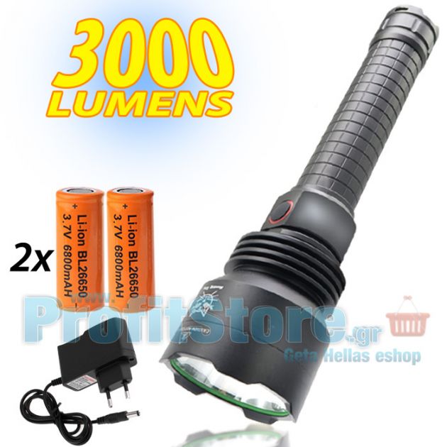 Επαναφορτιζόμενος Φακός 3000 Lumens Υπέρ - Υψηλής Φωτεινότητας CREE LED - 2 x 26650 Μπαταρίες
