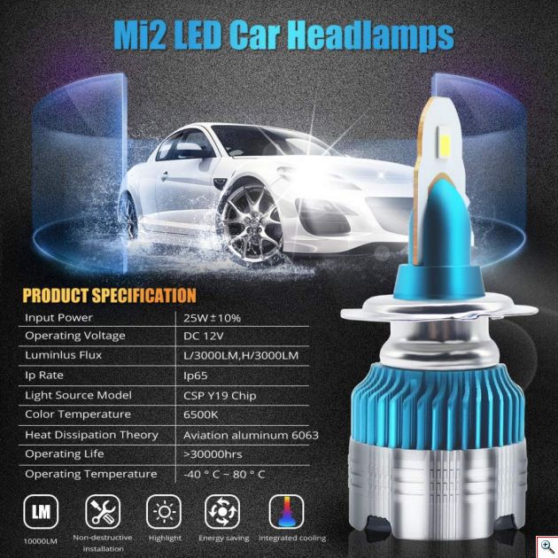 Φώτα LED Αυτοκινήτου 2 X 30W H7 12V/24V IP65 Headlight (60W 6000LM) 6500K mi2