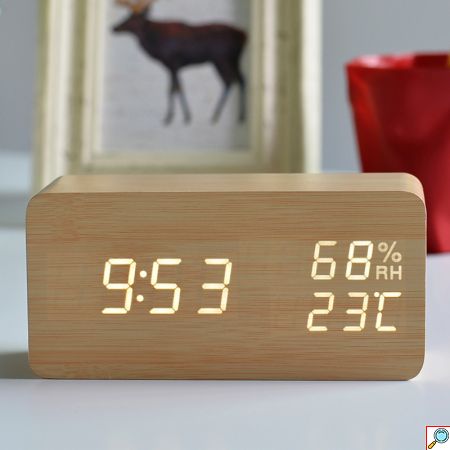 Επαναφορτιζόμενο Ηλεκτρονικό LED USB Ξύλινο Ρολόι, Ξυπνητήρι, Θερμόμετρο - LED Wooden Clock Μπεζ