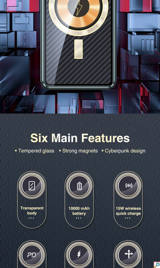Μαγνητικό Ασύρματο Διάφανο Εργονομικό Powerbank Fast Charging Μπαταρίας 10000mAh με 2 Θύρες USB και 1 Θύρα Type C 22.5 W