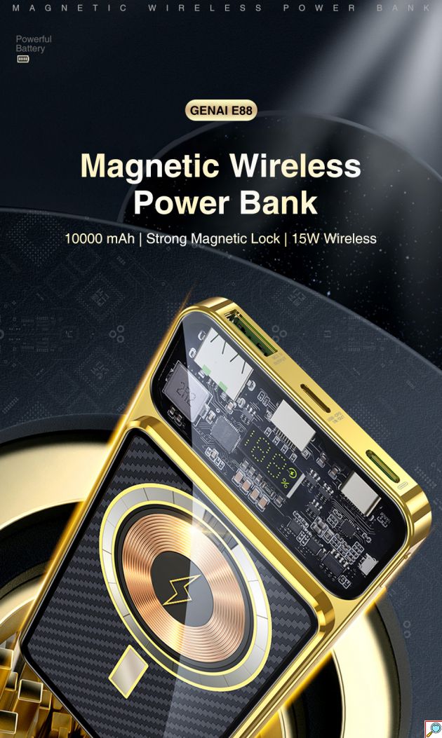 Μαγνητικό Ασύρματο Διάφανο Εργονομικό Powerbank Fast Charging Μπαταρίας 10000mAh με 2 Θύρες USB και 1 Θύρα Type C 22.5 W