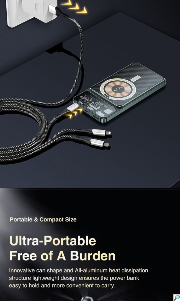 Μαγνητικό Ασύρματο Διάφανο Εργονομικό Powerbank Fast Charging Μπαταρίας 10000mAh με 2 Θύρες USB και 1 Θύρα Type C 22.5 W