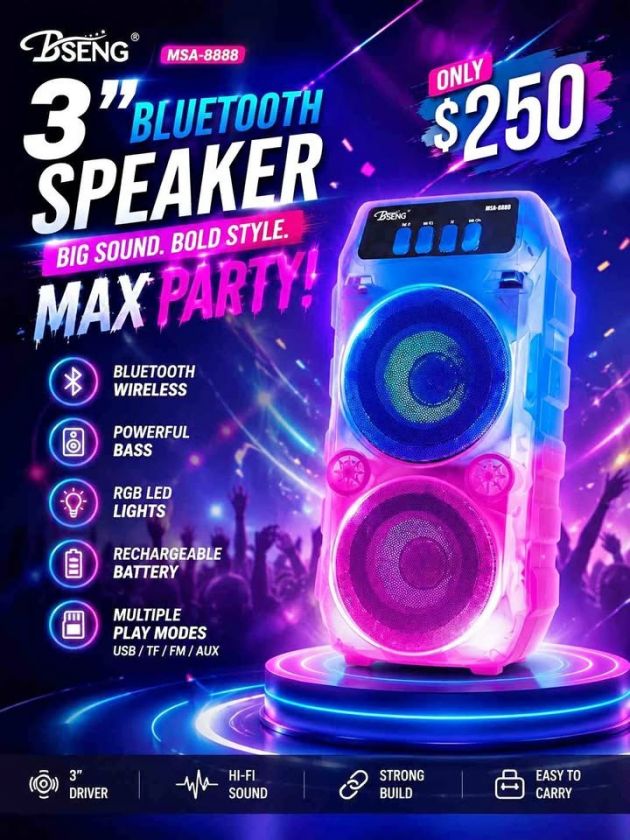 Φορητό Ηχείο Bluetooth Bseng 3″ – Δυνατός Ήχος & RGB Φωτισμός - με FM Radio, USB, TF/MicroSD & AUX, Ιδανικό για Πάρτι & Εκδρομές
