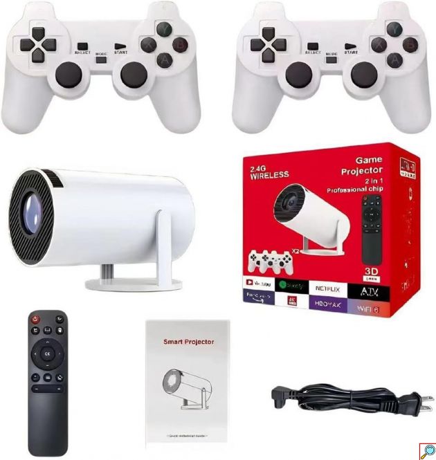 Mini Προβολέας Android 11 – 4K Home Cinema & Gaming - WiFi, Bluetooth, 2 Χειριστήρια, 180° Περιστροφή, 130 ίντσες, HDMI