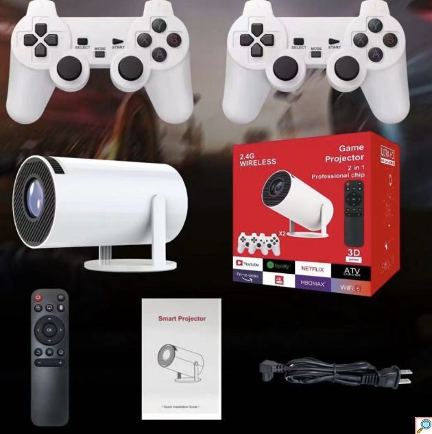 Mini Προβολέας Android 11 – 4K Home Cinema & Gaming - WiFi, Bluetooth, 2 Χειριστήρια, 180° Περιστροφή, 130 ίντσες, HDMI