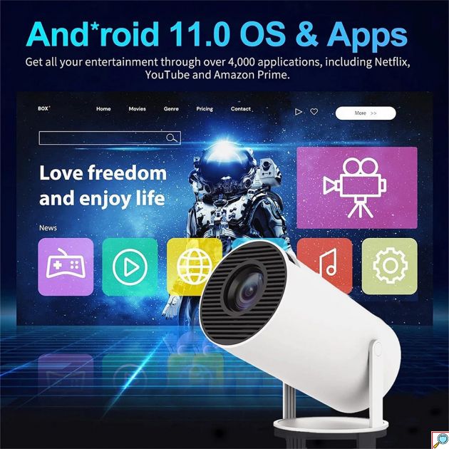 Mini Προβολέας Android 11 – 4K Home Cinema & Gaming - WiFi, Bluetooth, 2 Χειριστήρια, 180° Περιστροφή, 130 ίντσες, HDMI