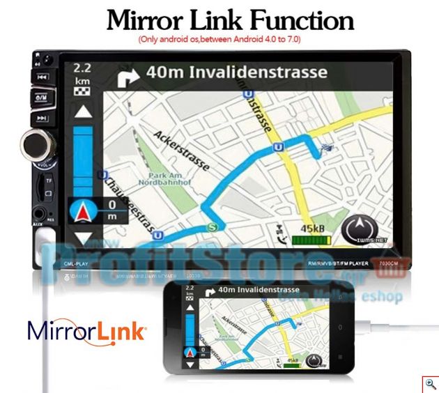 2DIN 7in Οθόνη Αφής Αυτοκινήτου MirroLink, Bluetooth, SD/USB/AUX/MP3/4/5 Multimedia Player 7030CM