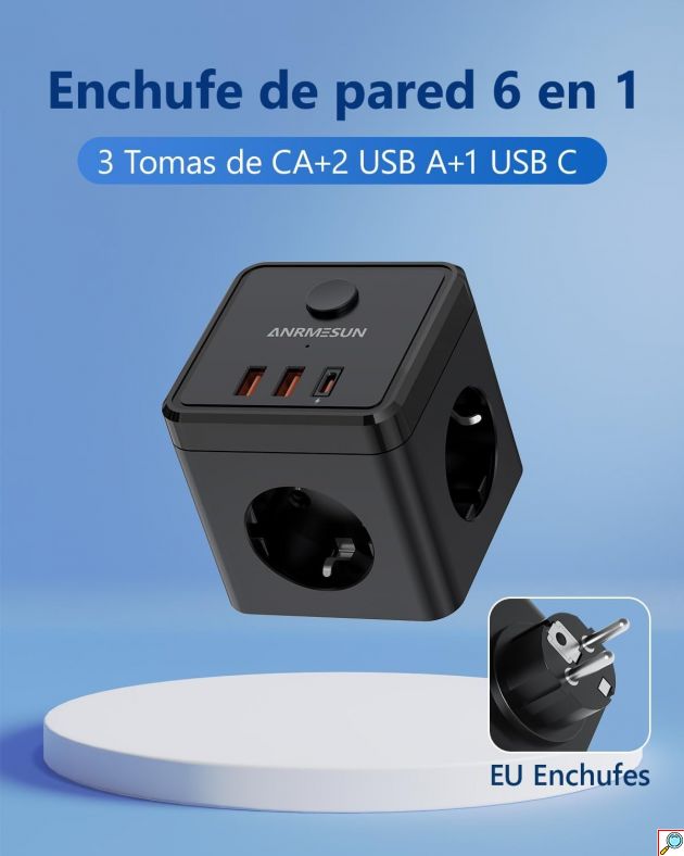 Πολύπριζο Cube 6-σε-1 3 Πρίζες, 2 USB-A & 1 USB-C - Φορτιστής Ταξιδίου, Διακόπτης On/Off, Ασφάλεια Υπερφόρτωσης 3680W