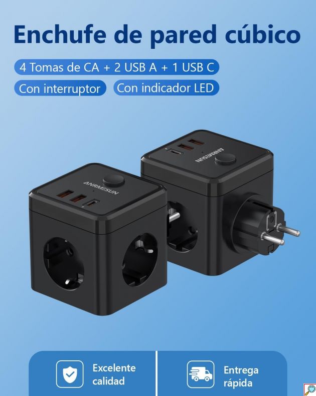 Πολύπριζο Cube 6-σε-1 3 Πρίζες, 2 USB-A & 1 USB-C - Φορτιστής Ταξιδίου, Διακόπτης On/Off, Ασφάλεια Υπερφόρτωσης 3680W