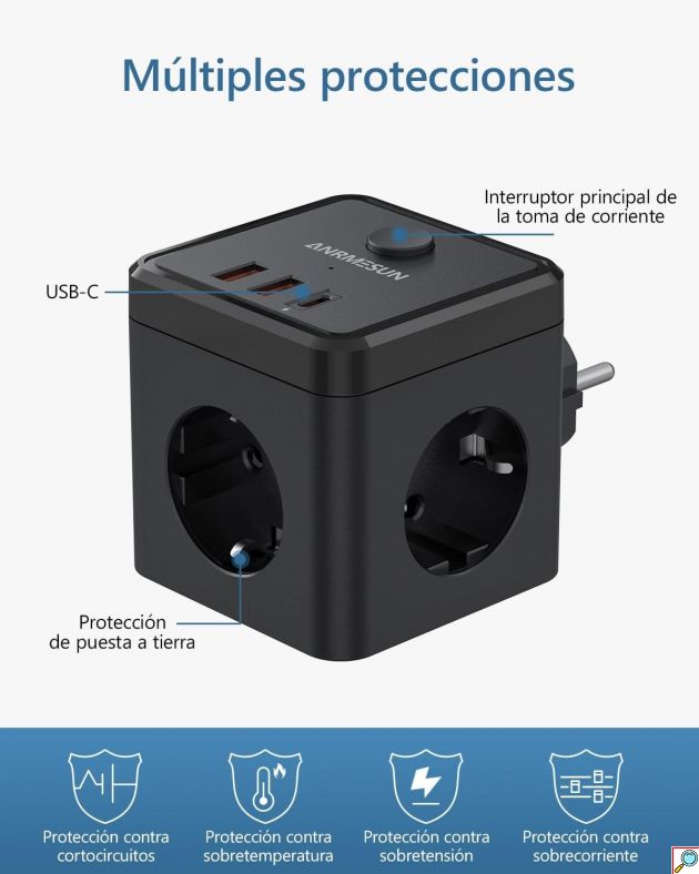 Πολύπριζο Cube 6-σε-1 3 Πρίζες, 2 USB-A & 1 USB-C - Φορτιστής Ταξιδίου, Διακόπτης On/Off, Ασφάλεια Υπερφόρτωσης 3680W