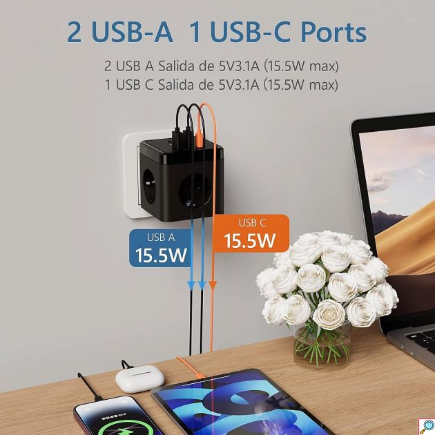 Πολύπριζο Cube 6-σε-1 3 Πρίζες, 2 USB-A & 1 USB-C - Φορτιστής Ταξιδίου, Διακόπτης On/Off, Ασφάλεια Υπερφόρτωσης 3680W