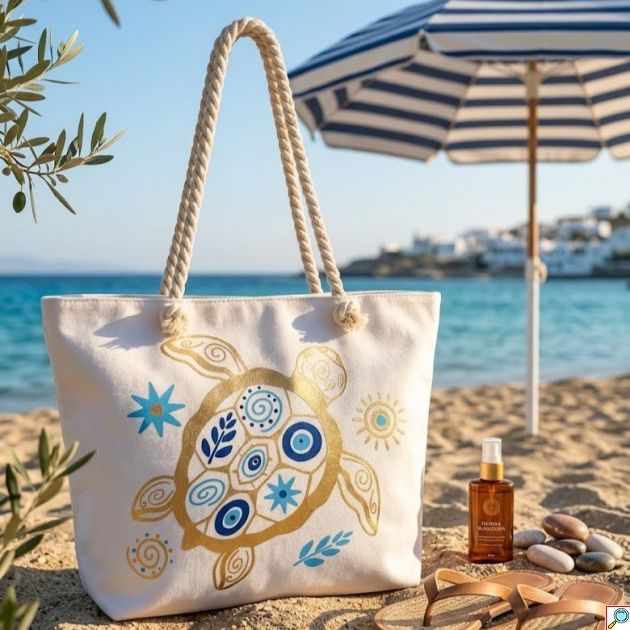 Τσάντα Παραλίας με Σχέδιο Χελώνα – Ευρύχωρη, Πρακτική και Καλοκαιρινή