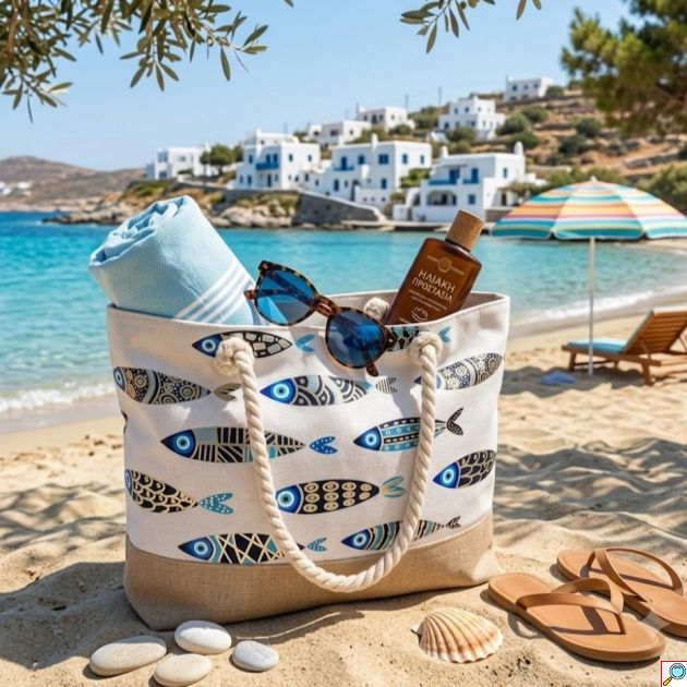 Τσάντα Παραλίας με Σχέδιο Ψάρια – Ευρύχωρη, Πρακτική και Καλοκαιρινή