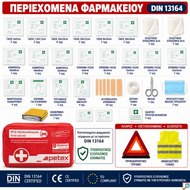 Πιστοποιημένο Σετ ΚΤΕΟ & Ασφαλείας Αυτοκινήτου 3 σε 1 Φαρμακείο PETEX DIN 13164:2022 + Προειδοποιητικό Τρίγωνο + Ανακλαστικό Γιλέκο