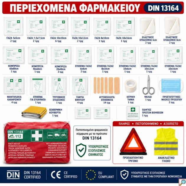 Πιστοποιημένο Σετ ΚΤΕΟ & Ασφαλείας Αυτοκινήτου 3 σε 1 Φαρμακείο DIN 13164:2022 + Προειδοποιητικό Τρίγωνο + Ανακλαστικό Γιλέκο