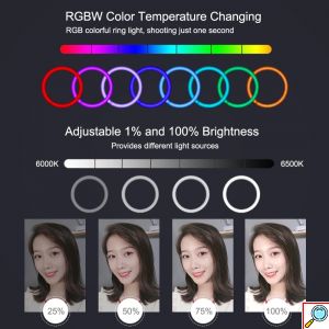 Φωτογραφικό Φωτιστικό Δαχτυλίδι RGB LED 26cm USB με Αpp Εφαρμογή, Τηλεχειριστήριο, Ρυθμιζόμενο Χρώμα Φωτισμού, Dimmer, Τρίποδο & Βάση Στήριξης Κινητού