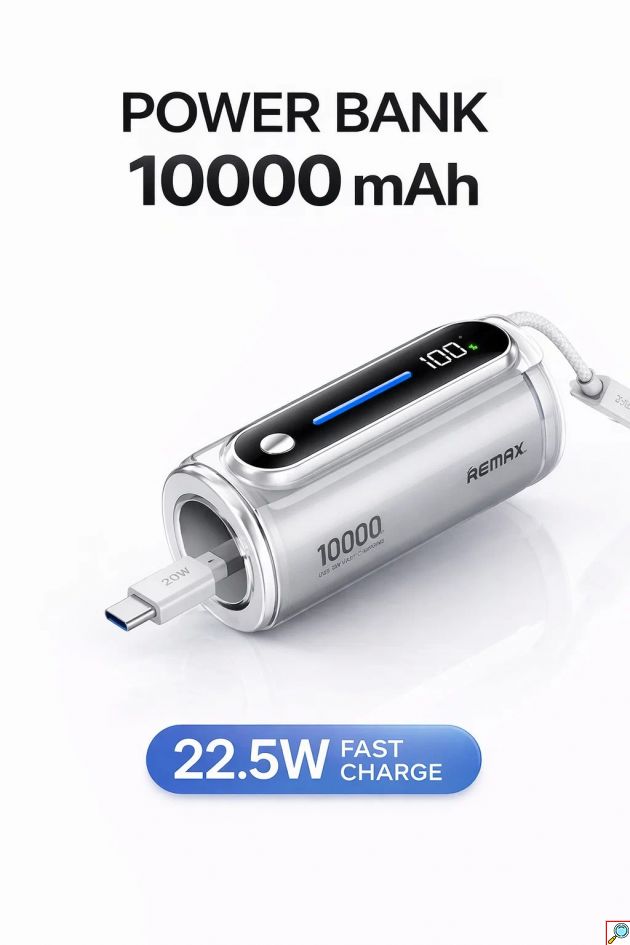 Power Bank 10000mAh 22.5W - Γρήγορη Φόρτιση PD με Ενσωματωμένο Καλώδιο USB-C & Οθόνη LED, Compact Σχεδιασμός για Ταξίδια