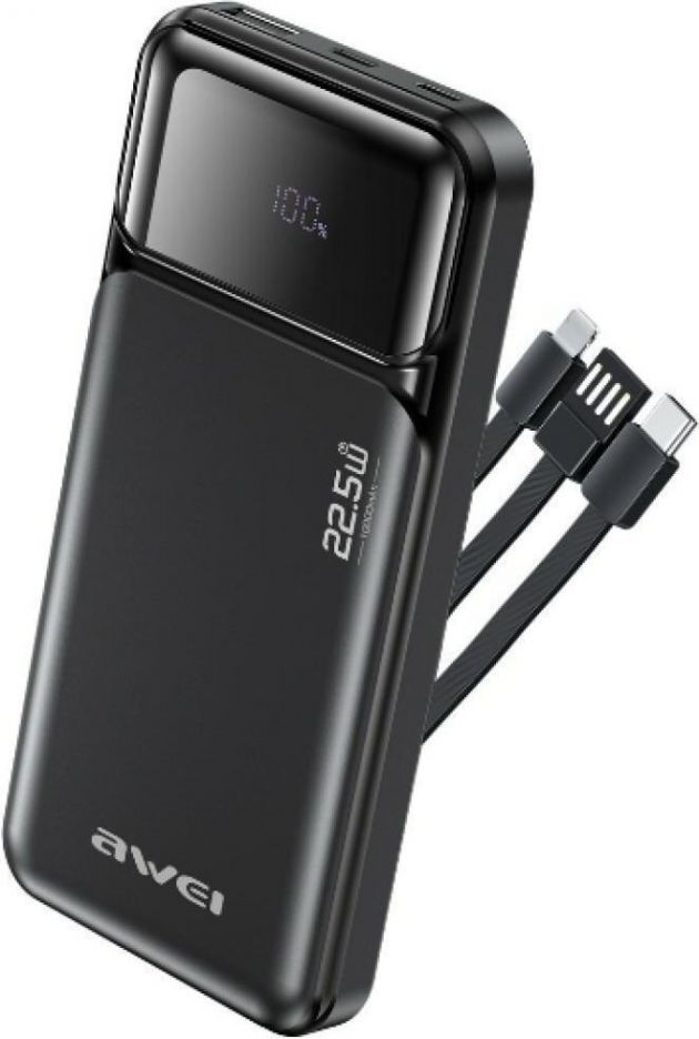 Power Bank 10000mAh Awei PA-91 – Γρήγορη Φόρτιση 22.5W με Ενσωματωμένο Καλώδιο | Οθόνη LED, USB-C & Lightning, Compact Σχεδιασμός