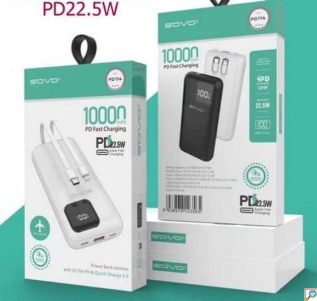 Power Bank 10000mAh με Ενσωματωμένα Καλώδια & LED Οθόνη - Fast Charging PD 22.5W, Type-C & Lightning, Slim Design