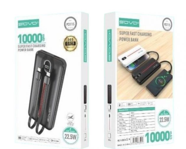 Power Bank 10000mAh – Ταχεία Φόρτιση 22.5W & Ενσωματωμένα Καλώδια - Με Οθόνη LED, USB-C & Lightning για Κινητά & Tablet