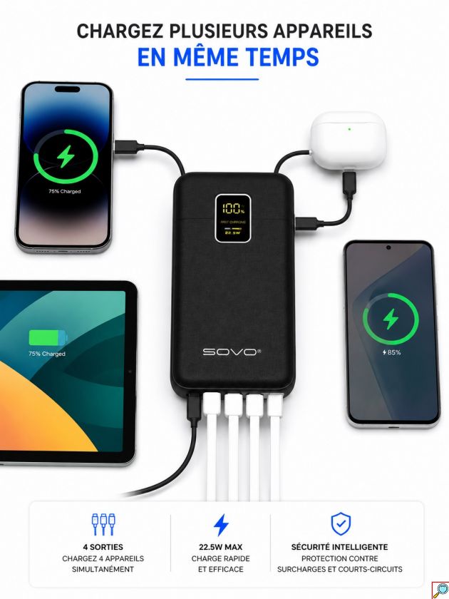 Power Bank 10000mAh – Ταχεία Φόρτιση 22.5W & 4 Ενσωματωμένα Καλώδια - Φορητή Μπαταρία με Οθόνη LED για iPhone & Android
