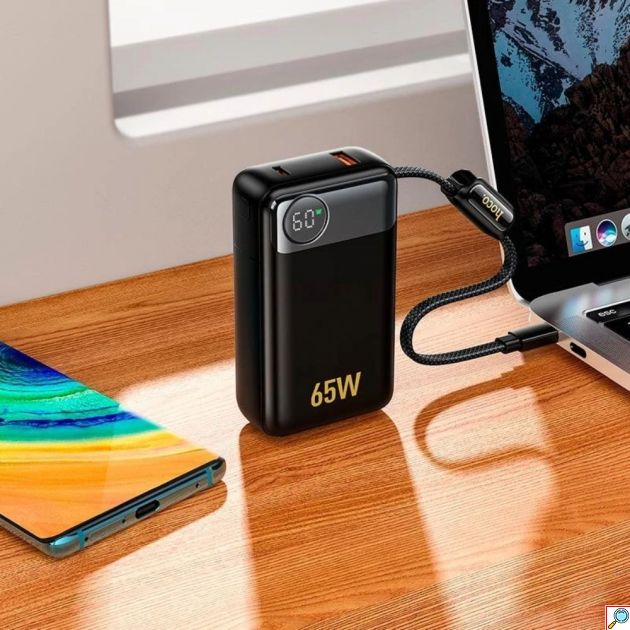 Power Bank 12000mAh 65W – Ταχεία Φόρτιση Laptop & Κινητών - Power Delivery, Ενσωματωμένο Καλώδιο USB-C, LED Οθόνη