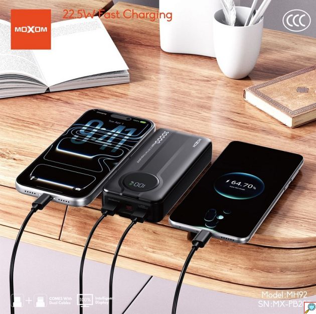 Power Bank 20.000mAh – Γρήγορη Φόρτιση 22,5W με Ενσωματωμένα Καλώδια & Ψηφιακή Οθόνη